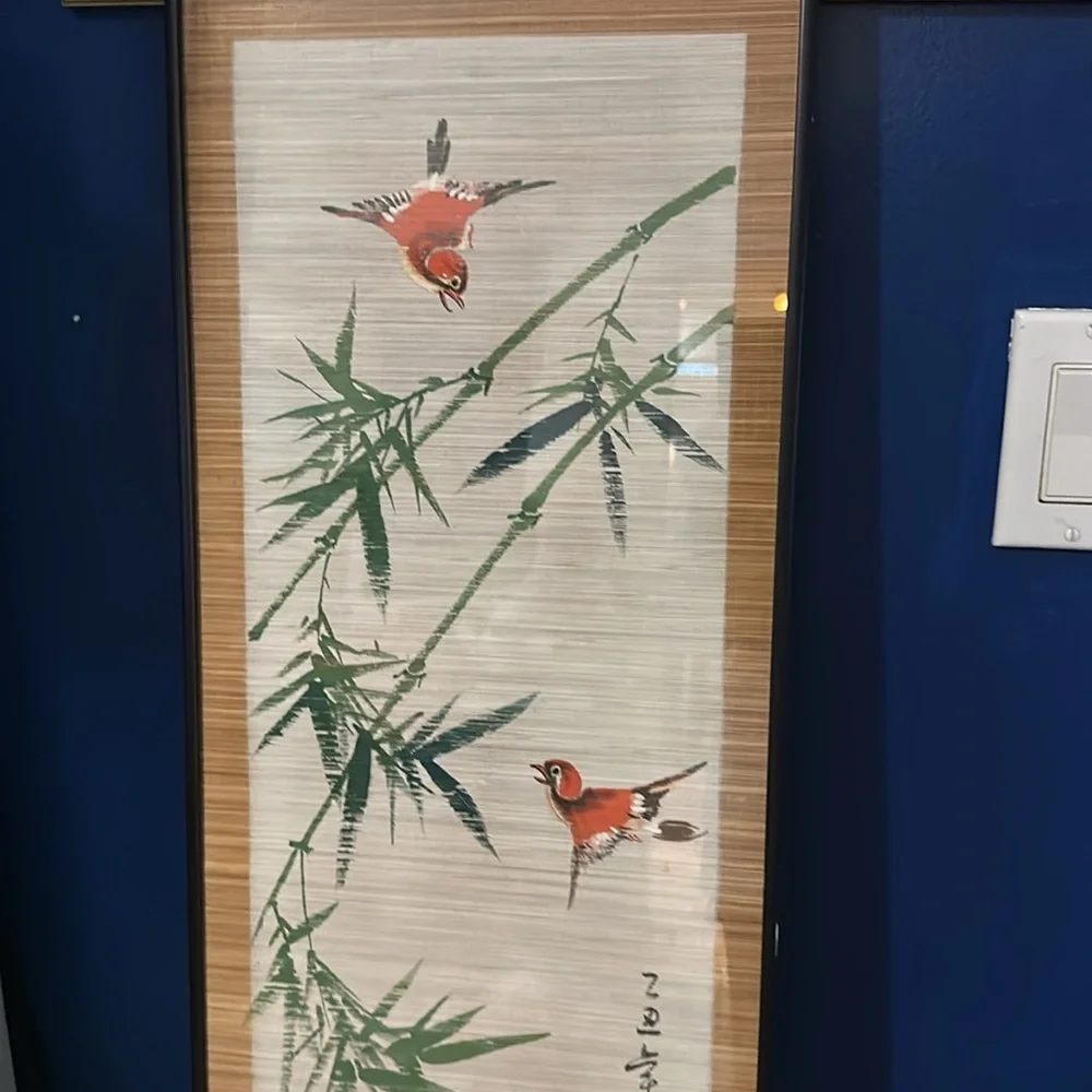 Vintage Framed Chinese Hand Painted Watercolor Bamboo & Birds Scroll Art